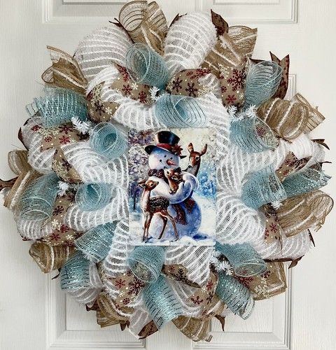 Cuddling snowman winter wreath - cuddling,